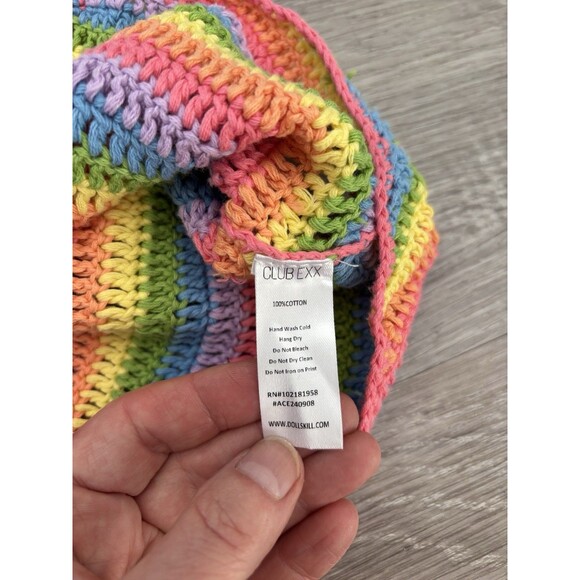 Rave Rainbow Crochet Clubwear Dress, Halter Long Sleeve Mini, Pastel Brights M - Picture 4 of 8